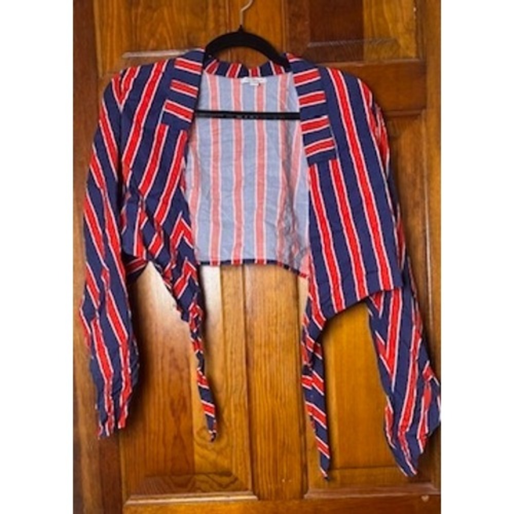 WeWoreWhat Wrap Top Womens XL Blue Red White Striped Cropped Long Sleeve